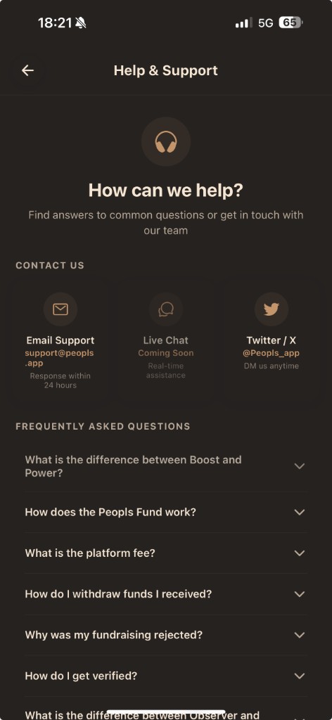 Peopls app — Help & Support screen
