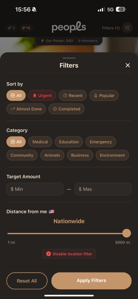 Peopls — filters: sort, category, amount, and distance